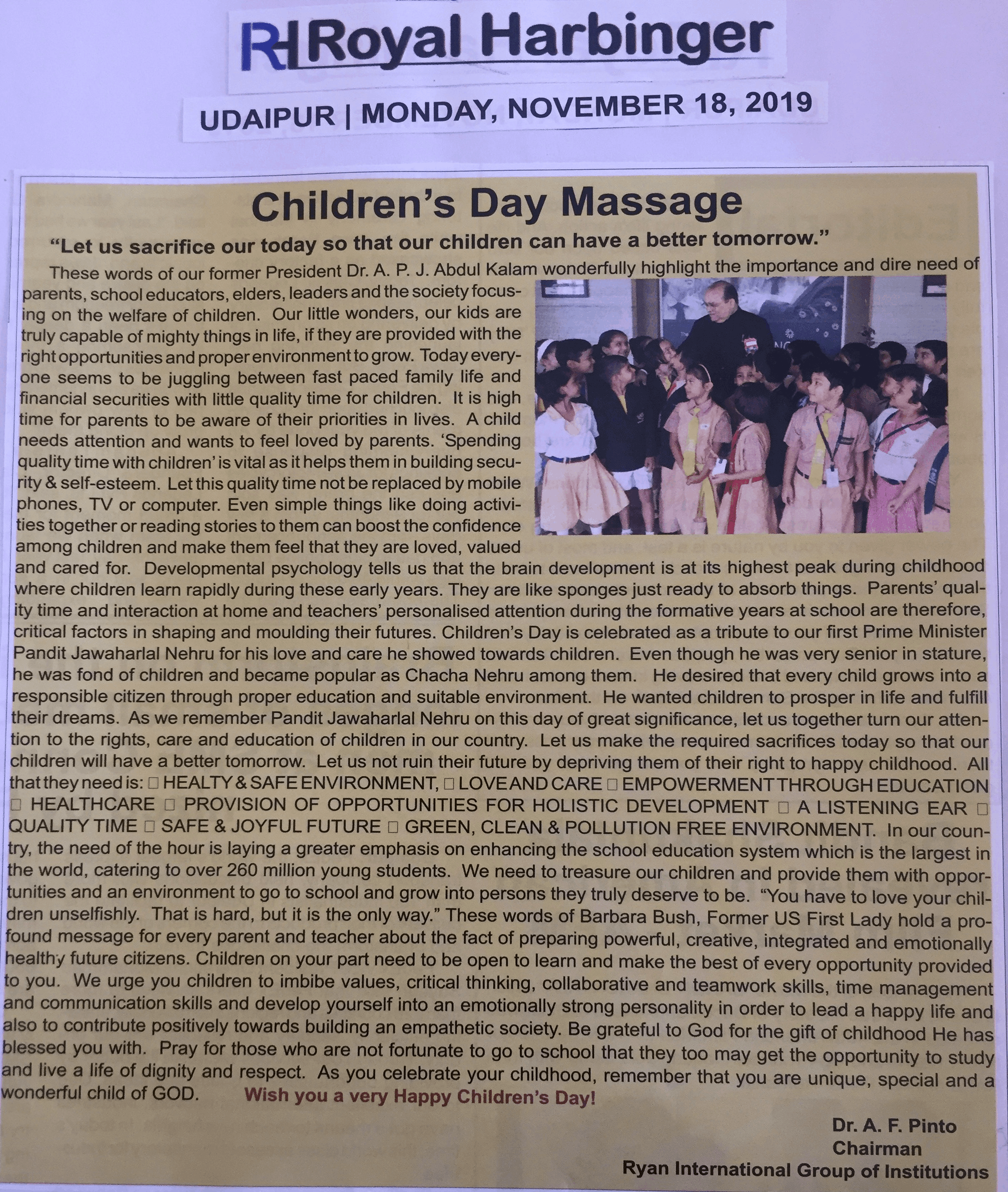 CHILDREN’S DAY MESSAGE BY RESPECTED CHAIRMAN SIR - Ryan international School, Udaipur